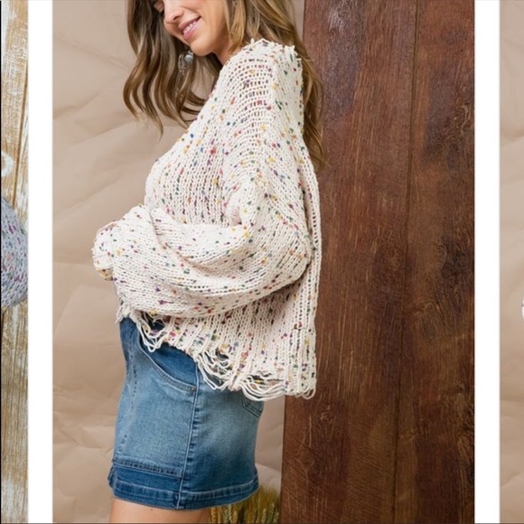πHPπ Cream Cropped Confetti Distressed Sweater - Picture 7 of 8